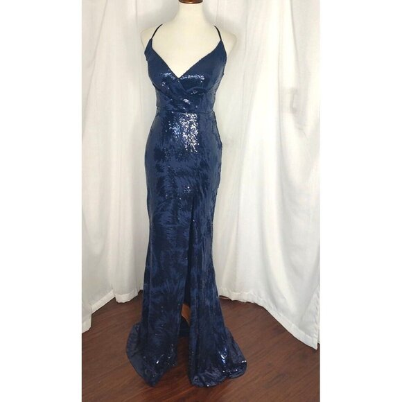 JULES AND CLEO Maxi Dress 8 Formal Gown Navy Sequin Strappy Open Back Prom - Picture 5 of 15
